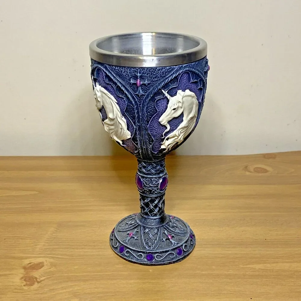 Unicorn Goblet Celtic Meidevel Halloween  Purple Stone 7.5” Remove Steel Insert